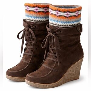 Diva Lounge Brown Suede Wedge Boots with Knit Sock Cuff Size 7.5